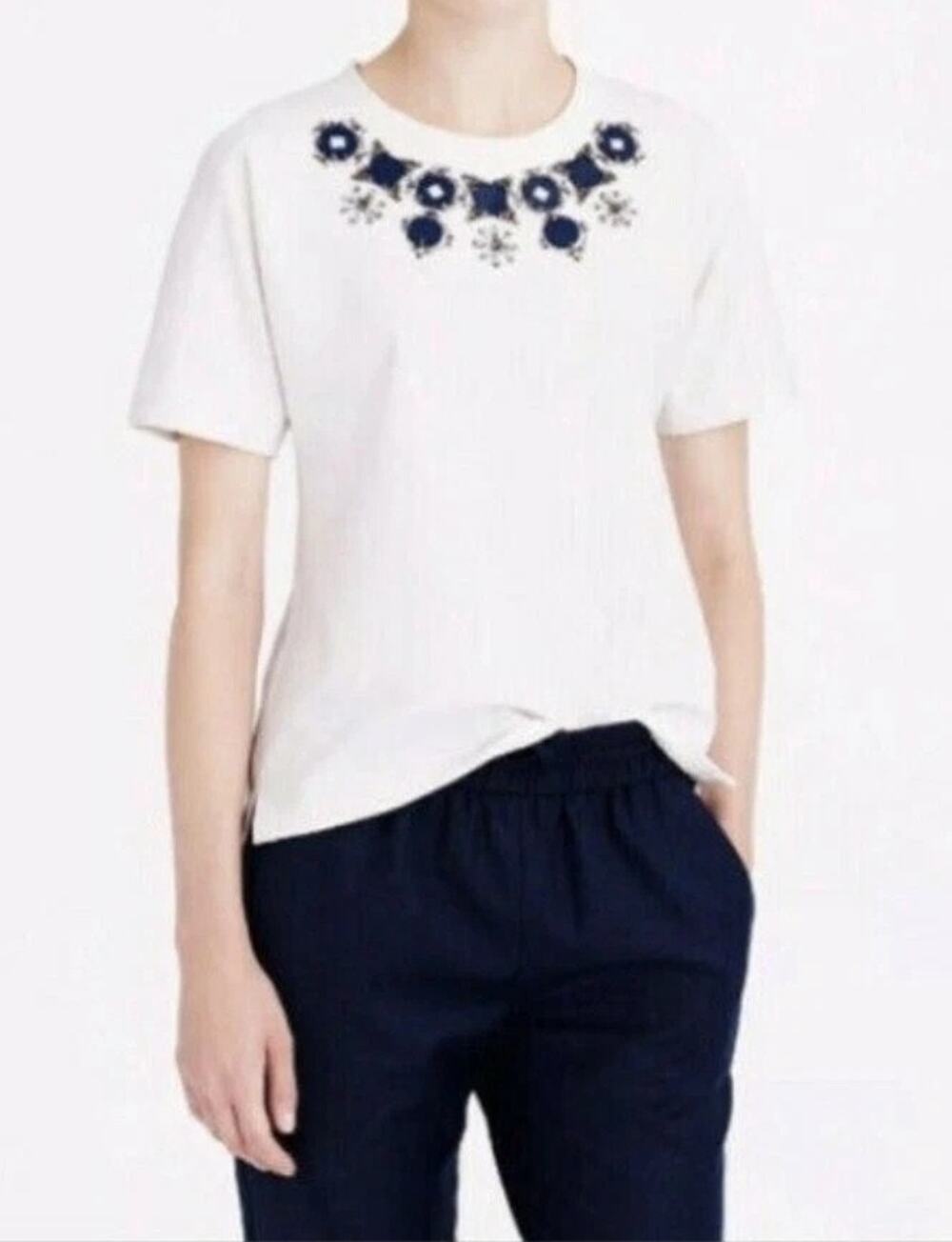 J.Crew Jewel Embellished Beading Short Sleeve Crewneck Blouse Top XSS White Blue